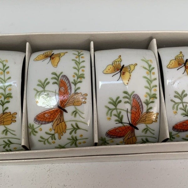 4 Vintage Shafford blanco porcelana servilleta anillos titulares flores y mariposa