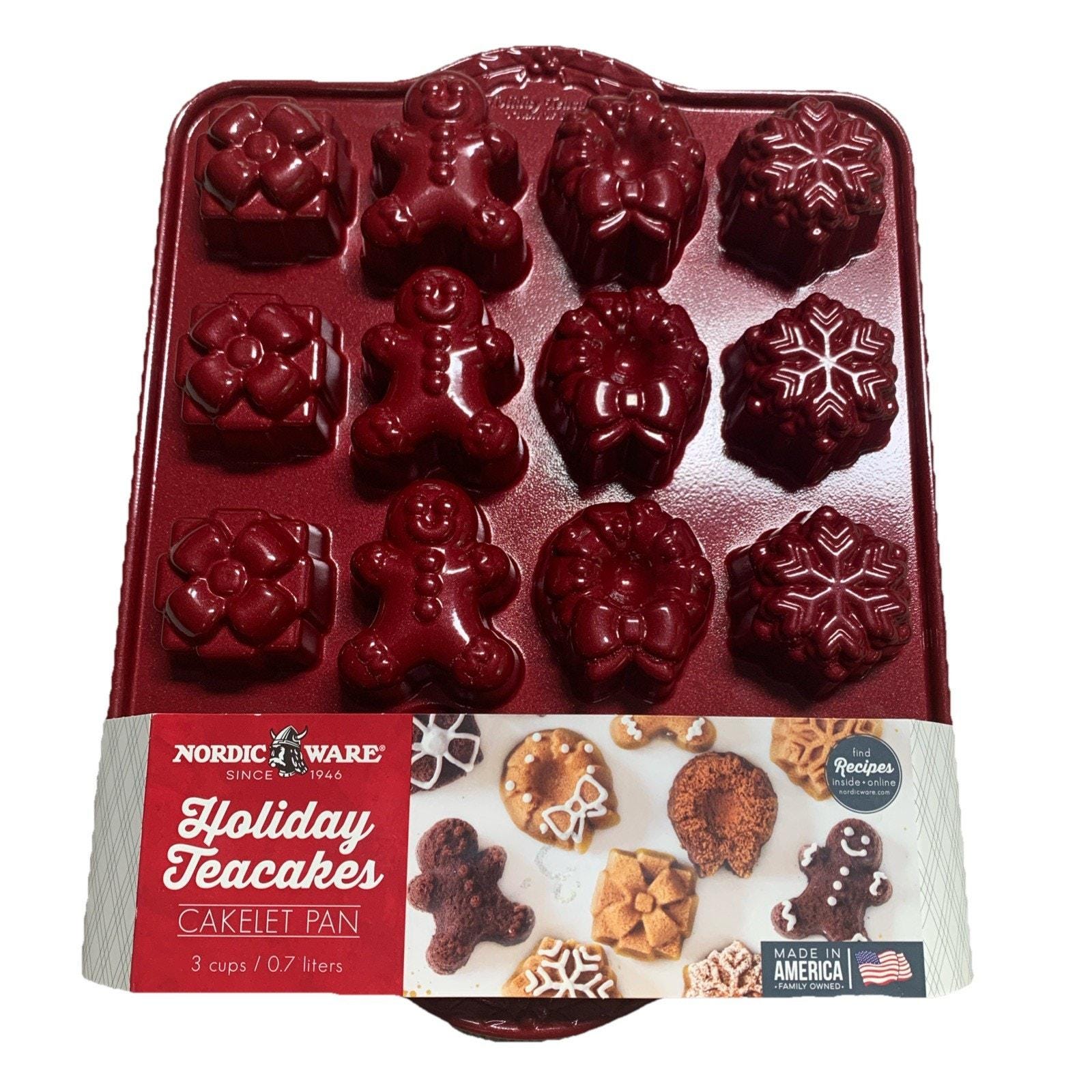 Nordic Ware Holiday Teacakes Cast Cakelet Pan, 3 Cup Capacity, Silver Let It Snow Bundt Pan | Holiday Bakeware | Christmas Baking Pans