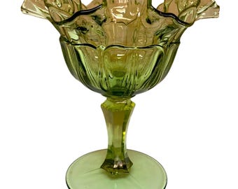 FENTON Red Cliff Ruffled Edge Green Glass Compote Dish