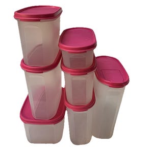 Tupperware Lot Of 7 Rectangular Modular Mates PINK Seals With Lids