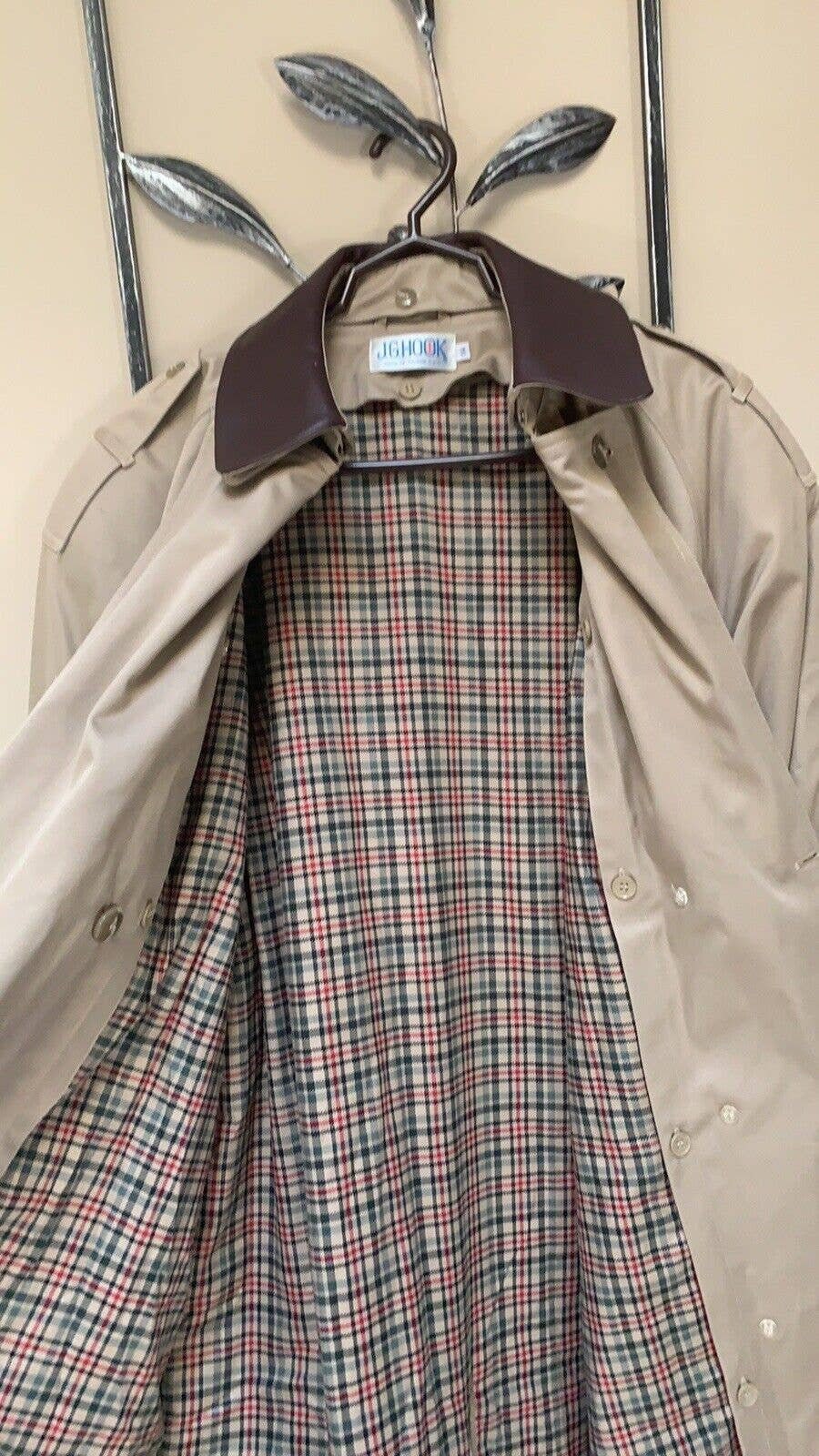 Vintage J.G. Hook Trench Coat Womens Size 14R Plaid Lined