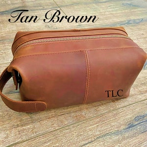 Personalized Gift for Dad l Custom Mens Leather Toiletry Bag l Travel Doop Kit Bag l Anniversary Gift for Him, Father, Boyfriend, Groomsmen Tan Brown