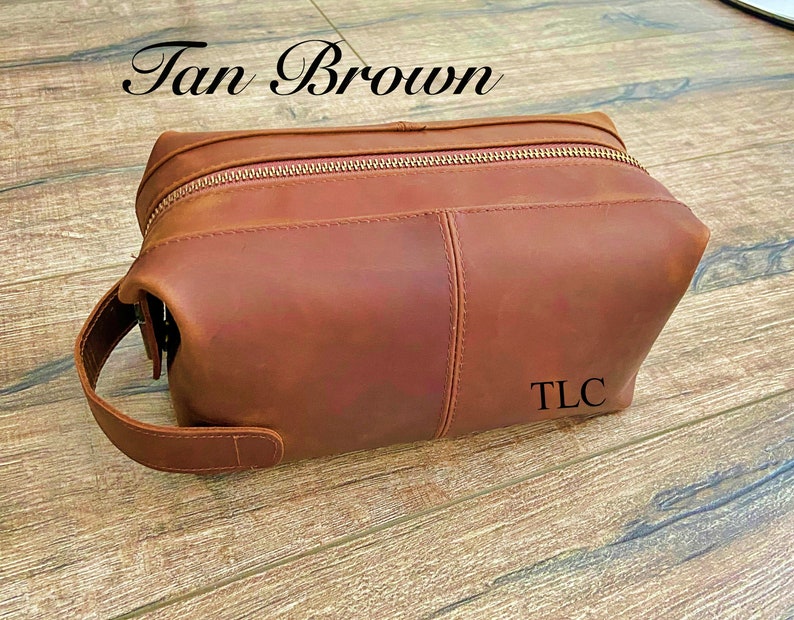 Personalized Gift for Dad l Custom Mens Leather Toiletry Bag l Travel Doop Kit Bag l Anniversary Gift for Him, Father, Boyfriend, Groomsmen Tan Brown