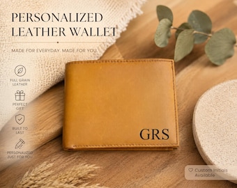 Personalized Leather Wallet for Men, Handwriting Engraved RFID Bifold, Full Grain Father's Day Gift for Dad, Husband, Him