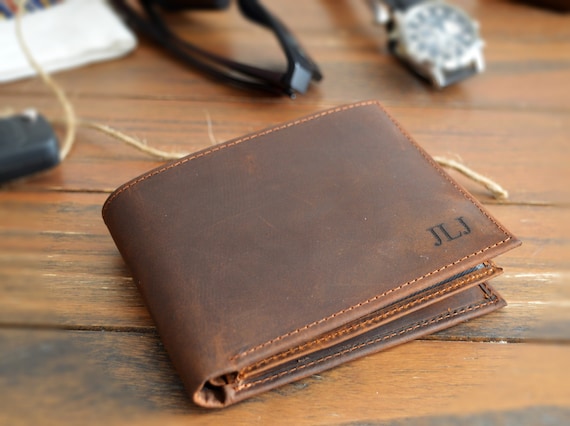Handmade Personalized Men's Full Grain Leather Wallet, Handwriting Engraved RFID Bifold Gift Dad Husband