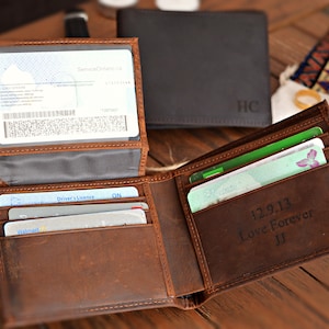 Personalized Leather Mens Wallet, Gift for Graduation, Dad, Boyfriend, Him Husband, Handwriting Engraved Custom Wallet, Anniversary Gift