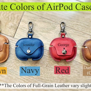 May include: Four leather AirPod cases in brown, navy, red, and dark brown (coffee). Each case has a metal clasp and a personalized name on the front.