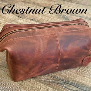 Personalized Gift for Dad l Custom Mens Leather Toiletry Bag l Travel Doop Kit Bag l Anniversary Gift for Him, Father, Boyfriend, Groomsmen Chestnut Brown