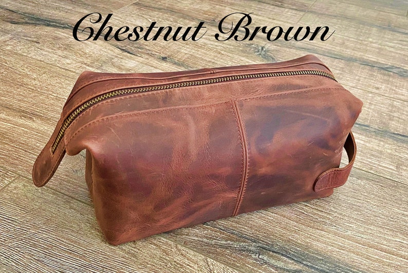 Personalized Gift for Dad l Custom Mens Leather Toiletry Bag l Travel Doop Kit Bag l Anniversary Gift for Him, Father, Boyfriend, Groomsmen Chestnut Brown