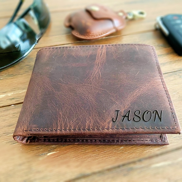 Personalized Leather Mens Wallet, Gift for Father's Day, Dad, Boyfriend, Him Husband, Handwriting Engraved Custom Wallet Anniversary Gift