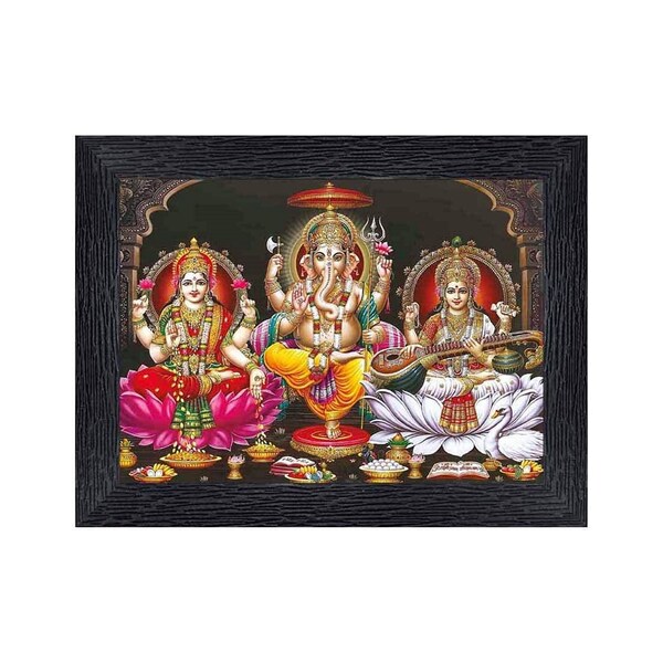Cadres photo religieux hindous laxmiji, Ganeshji, Saraswatiji en bois avec feuille acrylique - 20 x 15 cm