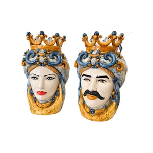 Sicilian Moorish heads in Caltagirone ceramic, height 37 cm, handcrafted product, fire-branded