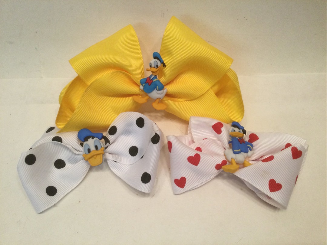 Disney Donald Duck Hair Bow Clip Heart Polka Dot Yellow Barrette Pony