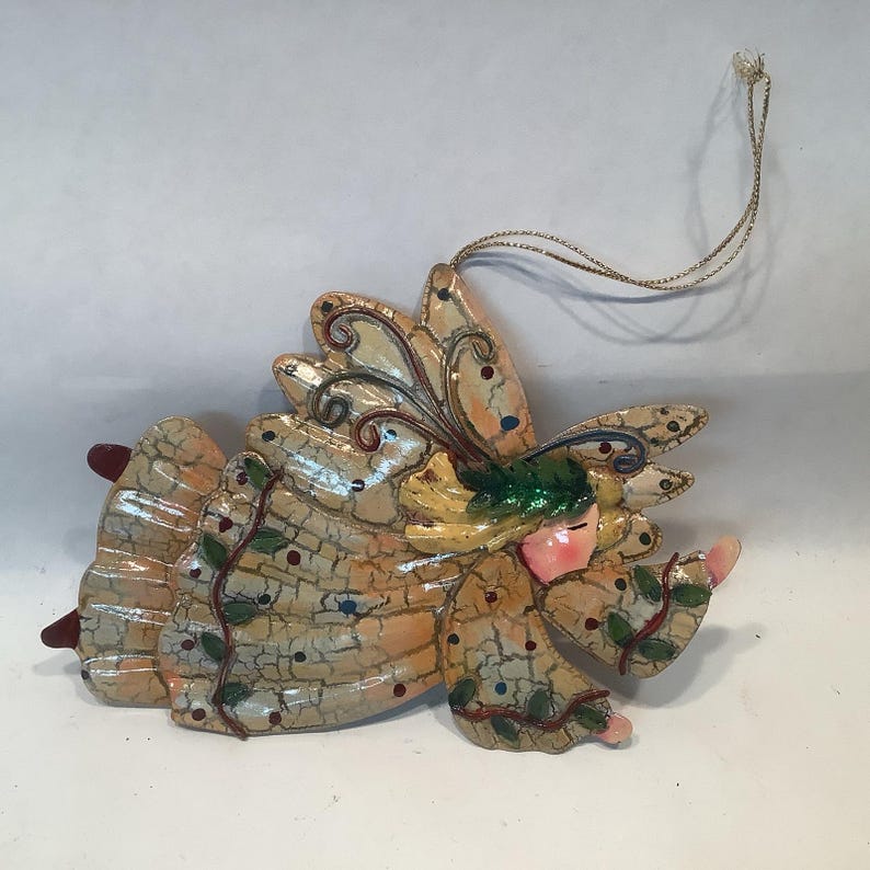 Christmas Ornament Hand Painted Angel Tin Dimensional Metal Holiday