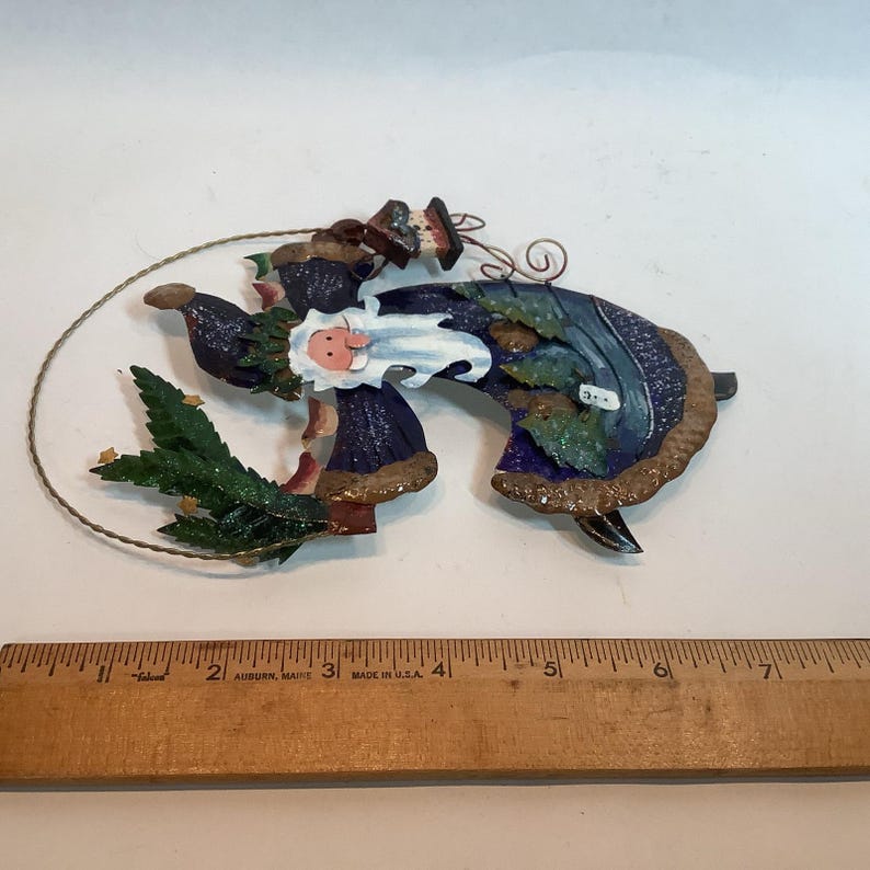 4 Hand Painted Tin Christmas Tree Ornament Santa Snowman Cardinal