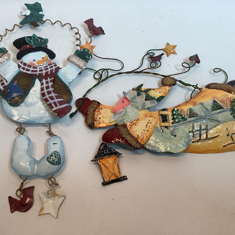 4 Hand Painted Tin Christmas Tree Ornament Santa Snowman Cardinal
