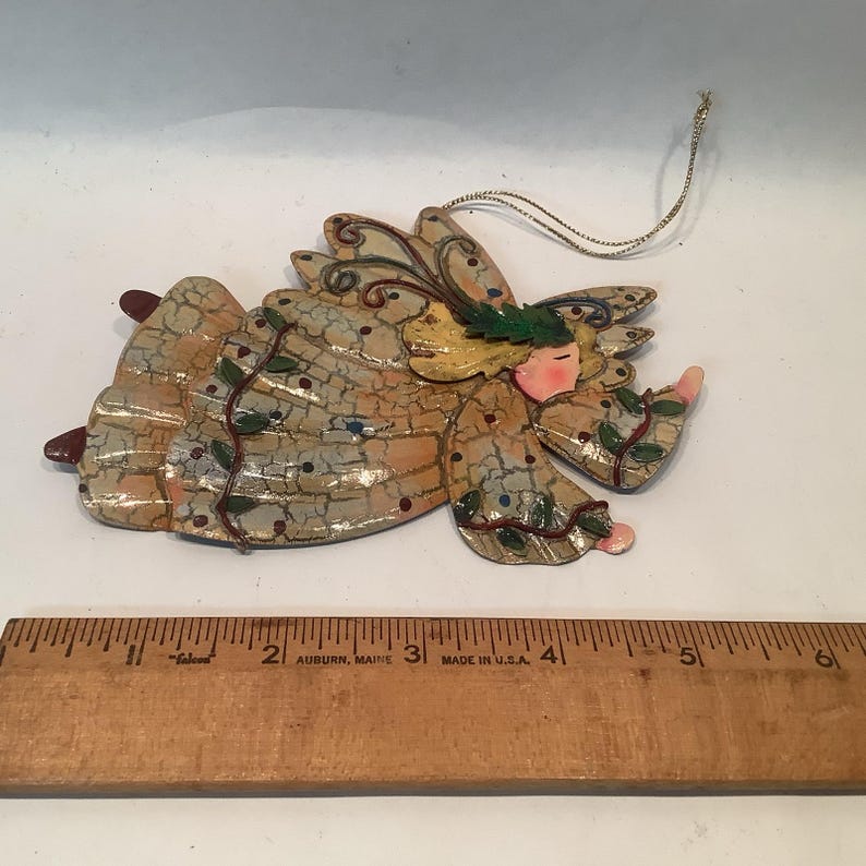 Christmas Ornament Hand Painted Angel Tin Dimensional Metal Holiday