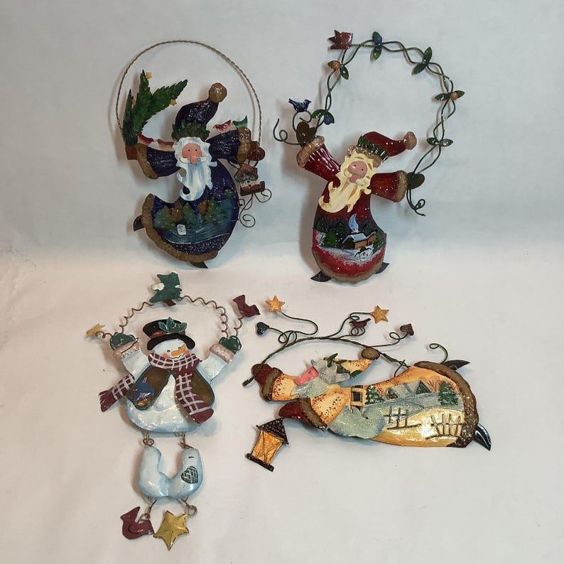 4 Hand Painted Tin Christmas Tree Ornament Santa Snowman Cardinal