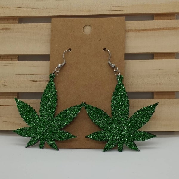 Marijuana Leaf Earrings, Green Hemp Leaf Earrings, Pot Leaf Earrings Glitter on BOTH Sides, Dangle Earrings, Drop Earrings