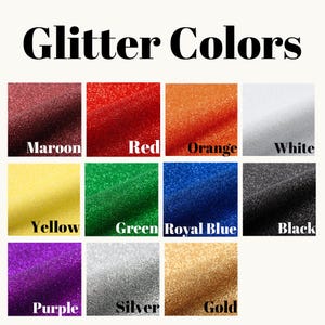 K&ouml;nnte beinhalten: Ein Raster aus elf Glitzerstoffmustern mit der &Uuml;berschrift Glitter Colors, darunter Kastanienbraun, Rot, Orange, Wei&szlig;, Gelb, Gr&uuml;n, K&ouml;nigsblau, Schwarz, Lila, Silber und Gold. Jedes Quadrat zeigt eine texturierte, funkelnde Oberfl&auml;che in der Farbe.