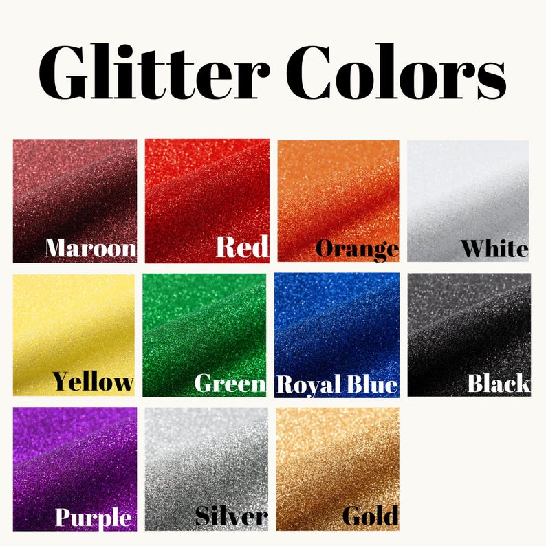 K&ouml;nnte beinhalten: Ein Raster aus elf Glitzerstoffmustern mit der &Uuml;berschrift Glitter Colors, darunter Kastanienbraun, Rot, Orange, Wei&szlig;, Gelb, Gr&uuml;n, K&ouml;nigsblau, Schwarz, Lila, Silber und Gold. Jedes Quadrat zeigt eine texturierte, funkelnde Oberfl&auml;che in der Farbe.