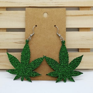 Marijuana Leaf Earrings, Green Hemp Leaf Earrings, Two Sided Glitter Pot Leaf Earrings, Dangle Earrings, Multiple Colors