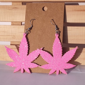 Marijuana Leaf Earrings, Hot Pink Hemp Leaf Earrings, Pot Leaf Earrings Glitter on BOTH Sides, Pot Head Gift, Pot Lover Gift