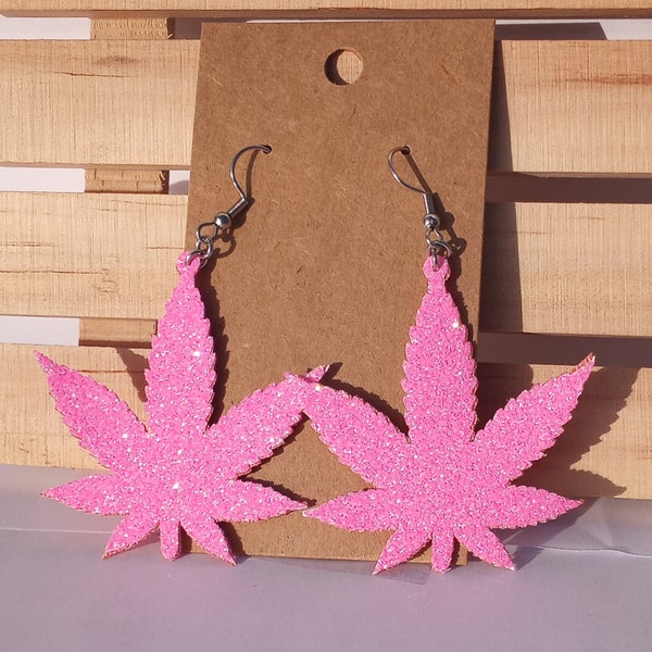 Marijuana Leaf Earrings, Hot Pink Hemp Leaf Earrings, Pot Leaf Earrings Glitter on BOTH Sides, Dangle Earrings, Drop Earrings