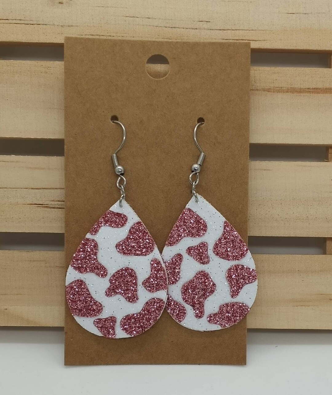 Rose Gold Glitter Mini Cow Print Faux Leather Teardrop Earrings, Rose
