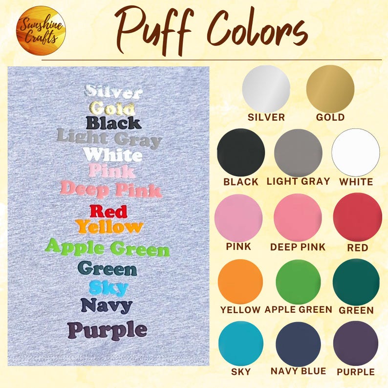 K&ouml;nnte beinhalten: Eine Farbkarte mit dem Titel Puff Colors, die eine Liste von Textoptionen in Silber, Gold, Schwarz, Hellgrau, Wei&szlig;, Pink, Dunkelpink, Rot, Gelb, Apfelgr&uuml;n, Gr&uuml;n, Himmelblau, Marineblau und Lila sowie kreisf&ouml;rmige Farbmuster zeigt.
