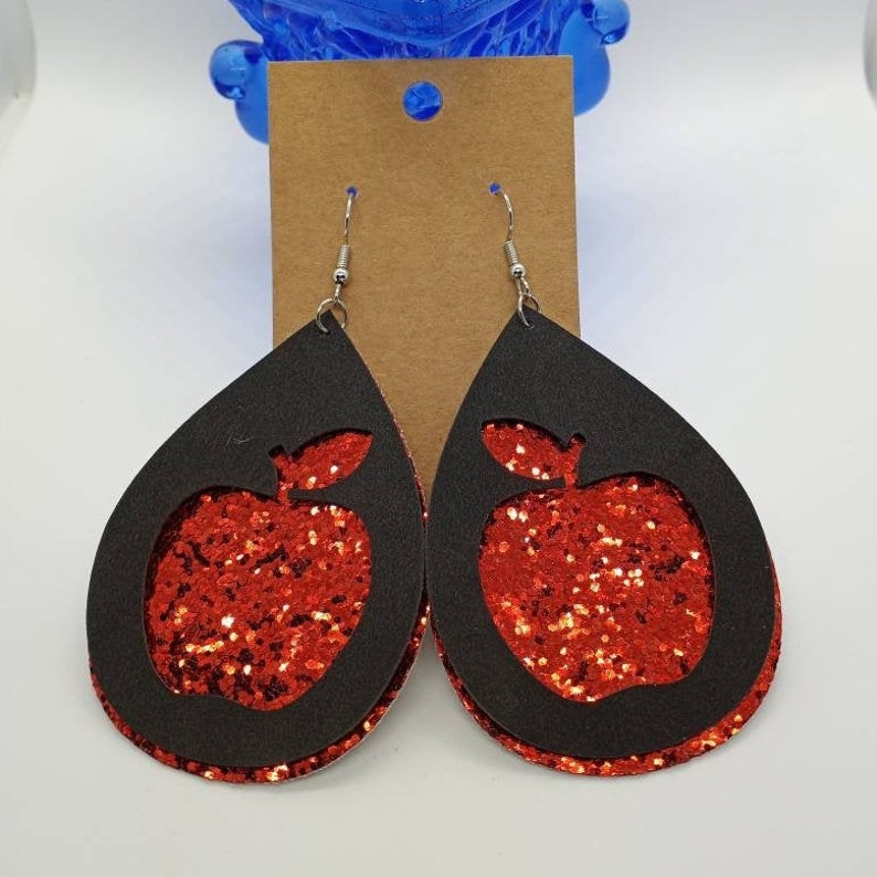 Big Apple Faux Leather Teardrop Earrings 2 Layer Apple Cut Out Earrings