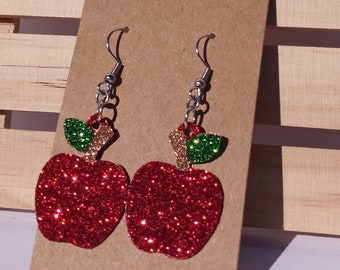 Apfel Ohrringe, Glitter Apfel Ohrringe, Apfel Form Ohrringe, Lehrer Ohrringe, Lehrer Geschenk, neuer Lehrer Geschenk