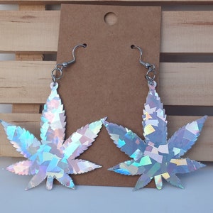 Marijuana Leaf Earrings, Holographic Hemp Leaf Earrings, Two-Sided Glitter Pot Leaf Earrings, Dangle Earrings, Pot Lover Gift, Pot Head Gift