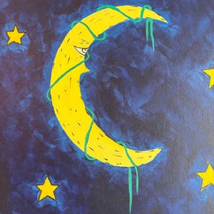 May include: A whimsical painting of a yellow crescent moon with a face, wrapped in green vines, set against a dark blue, starry background. Several yellow stars are scattered around the moon.
