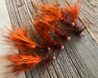 1/2 Dozen (x6) Handmade Woolly Bugger Flies  Bead-head Tungsten - Rusty Craw