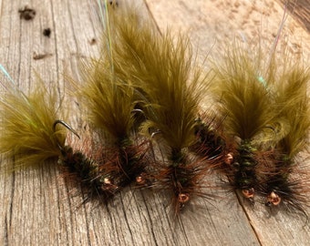 1/2 Dozen (x6) Handmade Woolly Bugger Flies Bead-head Tungsten - Dark Olive Brown