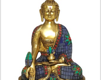 Medicine Buddha Brass with Stonework 25 cm 3kg Handmade