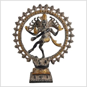 May include: A black and gold metal statue of the Hindu deity Shiva in the Nataraja pose, dancing on a demon. The statue is surrounded by a circular halo with flames and gold accents.