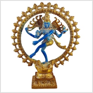 May include: A gold and blue statue of the Hindu deity Shiva Nataraja in a dancing pose. The statue features intricate details, including a halo, multiple arms, and a base. The figure is painted in blue and gold, with a detailed design.