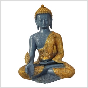 Buddha of Health Brass grey gold 32 cm with signs of happiness