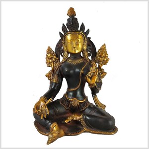 May include: A black and gold metal statue of a deity in a seated position. The deity has a crown and is adorned with jewellery. The statue is a traditional Buddhist art piece.