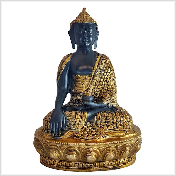 Erdender Buddha Statue - Messing schwarz - Handarbeit mit unzähligen Steinen verziert 31cm 4kg