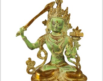 Manjushri Statue Monju Brass Green Gold Antique 27.3cm 3.1kg Buddhism Tara Bodhisattva