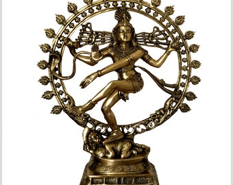 May include: A bronze-colored statue of the Hindu deity Shiva in the Nataraja pose, dancing within a circular frame. The statue features intricate details, including multiple arms, jewelry, and a cobra. The base is a square pedestal with ornate carvings.