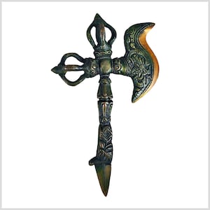 May include: A green and gold metal axe with a decorative handle. The axe is a traditional Tibetan weapon called a "phurba" and is used in religious ceremonies.
