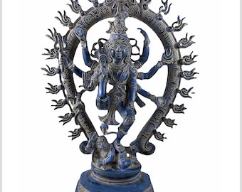 May include: A blue metal statue of the Hindu deity Shiva in the Nataraja pose, dancing on a demon. The statue is surrounded by a ring of flames and has multiple arms.