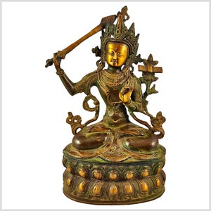 Manjushri - Buddha of Knowledge - Brass brown-green antique 37 cm 4.3 kg