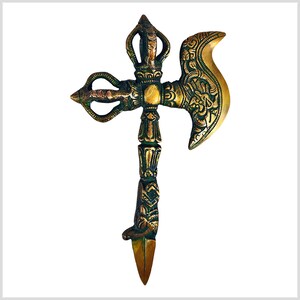 May include: A gold and green metal axe with intricate carvings and a pointed tip. The axe is a traditional Tibetan ritual weapon.