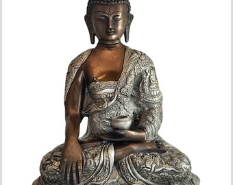 Grounding Buddha Ashtamangala Copper Silver 29 cm