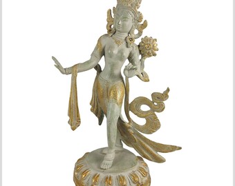 May include: A statue of a female figure with gold detailing and a serene expression. The figure is in a graceful pose, holding a flower and wearing a crown. The base is decorated with gold leaf patterns. The colour palette includes muted greens and golds.